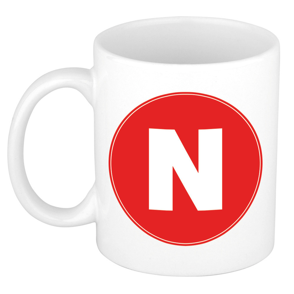 Mok / beker met de letter N rode bedrukking voor het maken van een naam / woord of team -