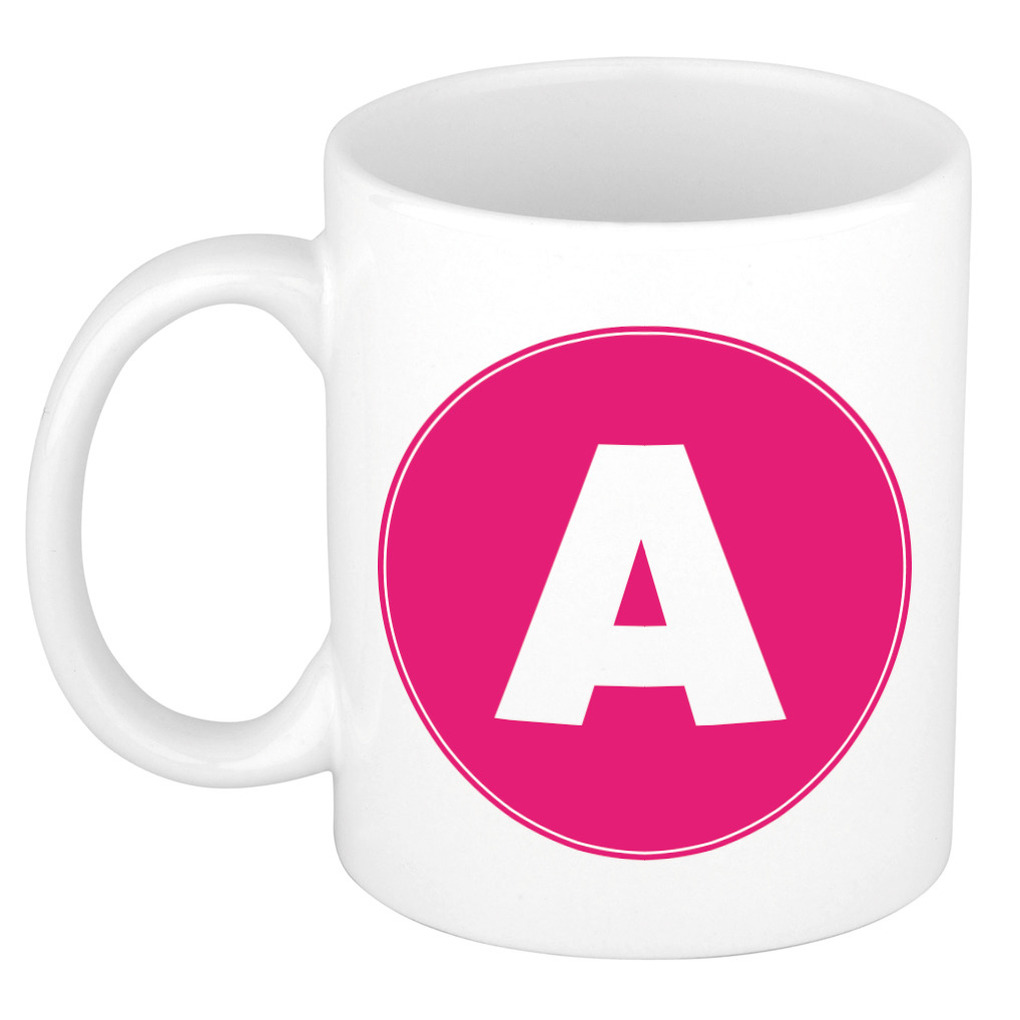 Mok / beker met de letter A roze bedrukking voor het maken van een naam / woord of team -
