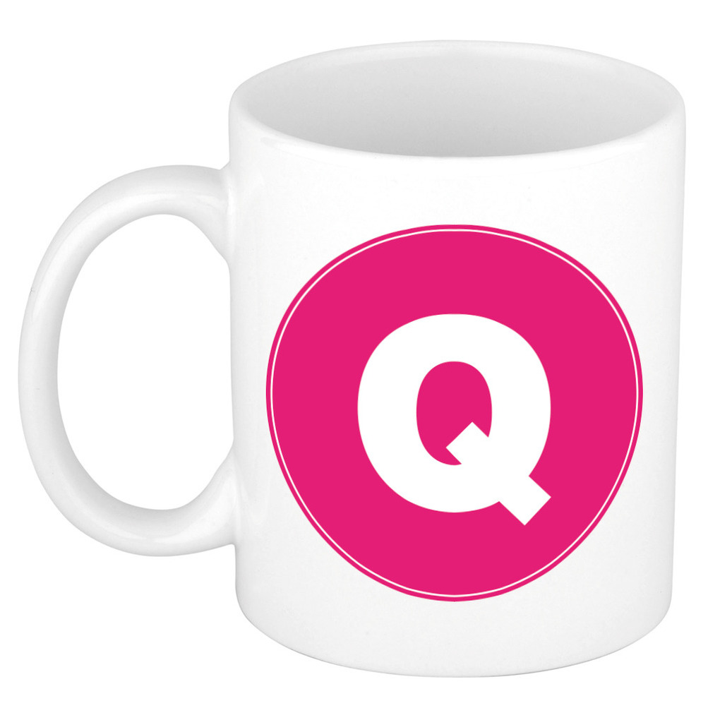 Mok / beker met de letter Q roze bedrukking voor het maken van een naam / woord of team -
