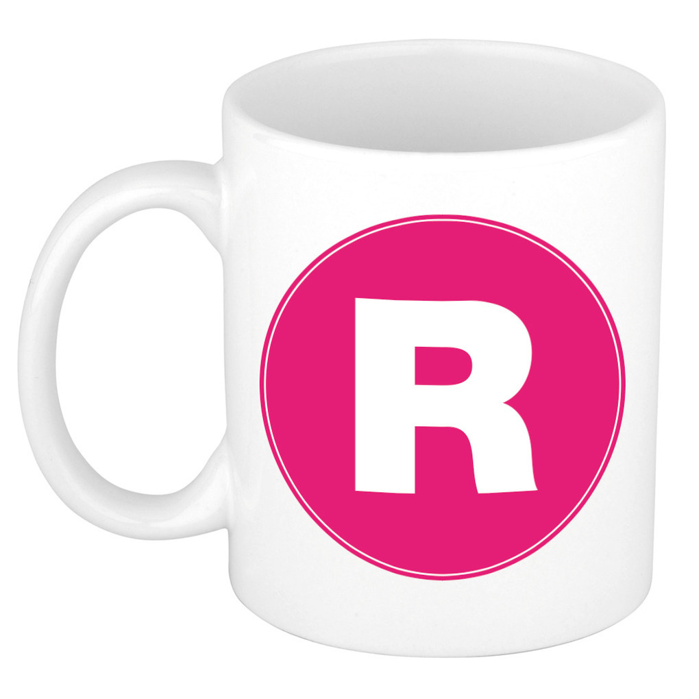 Mok / beker met de letter R roze bedrukking voor het maken van een naam / woord of team -