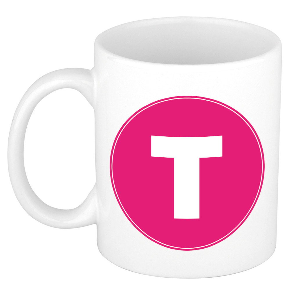 Mok / beker met de letter T roze bedrukking voor het maken van een naam / woord of team -