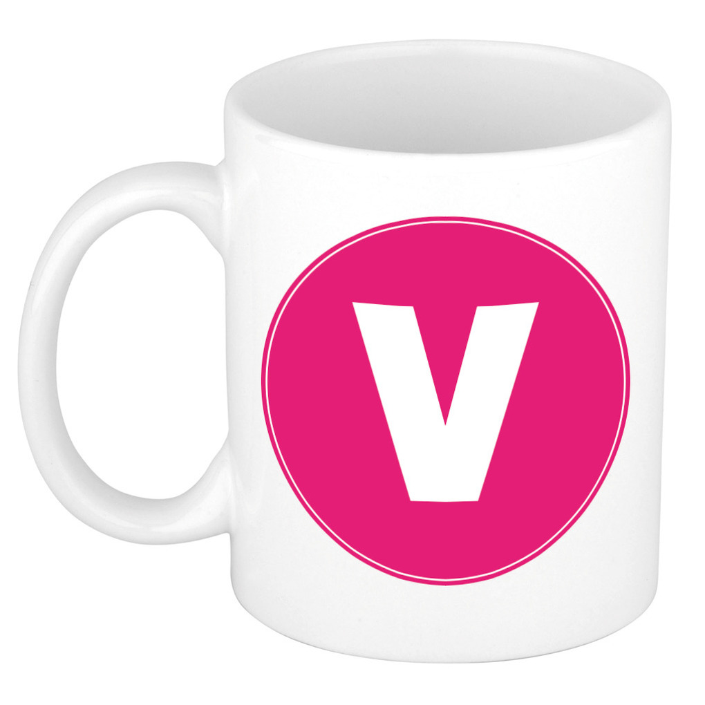 Mok / beker met de letter V roze bedrukking voor het maken van een naam / woord of team -