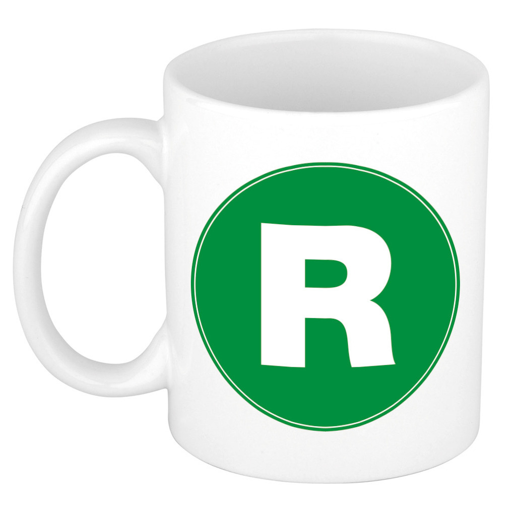 Mok / beker met de letter R groene bedrukking voor het maken van een naam / woord of team -