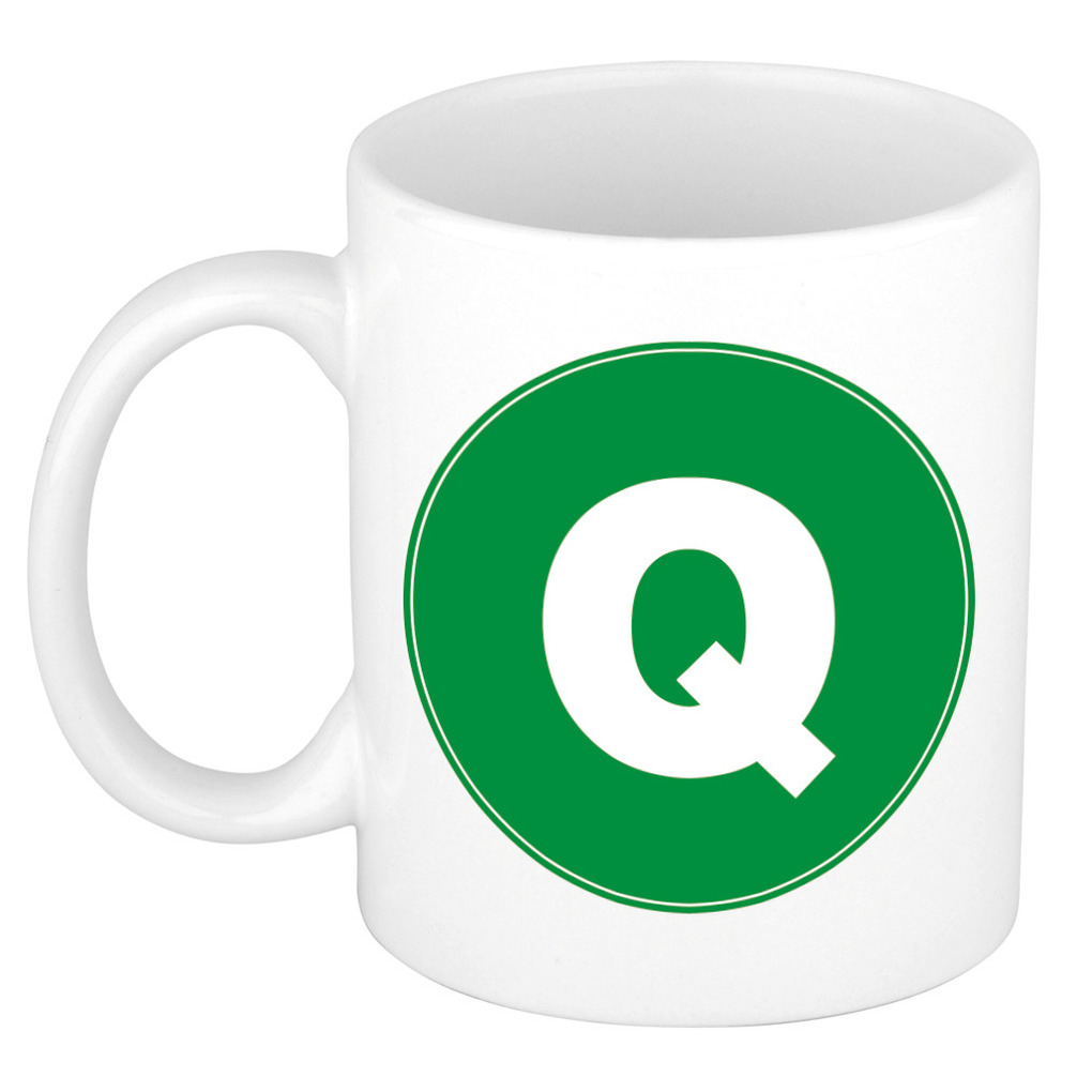 Mok / beker met de letter Q groene bedrukking voor het maken van een naam / woord of team -