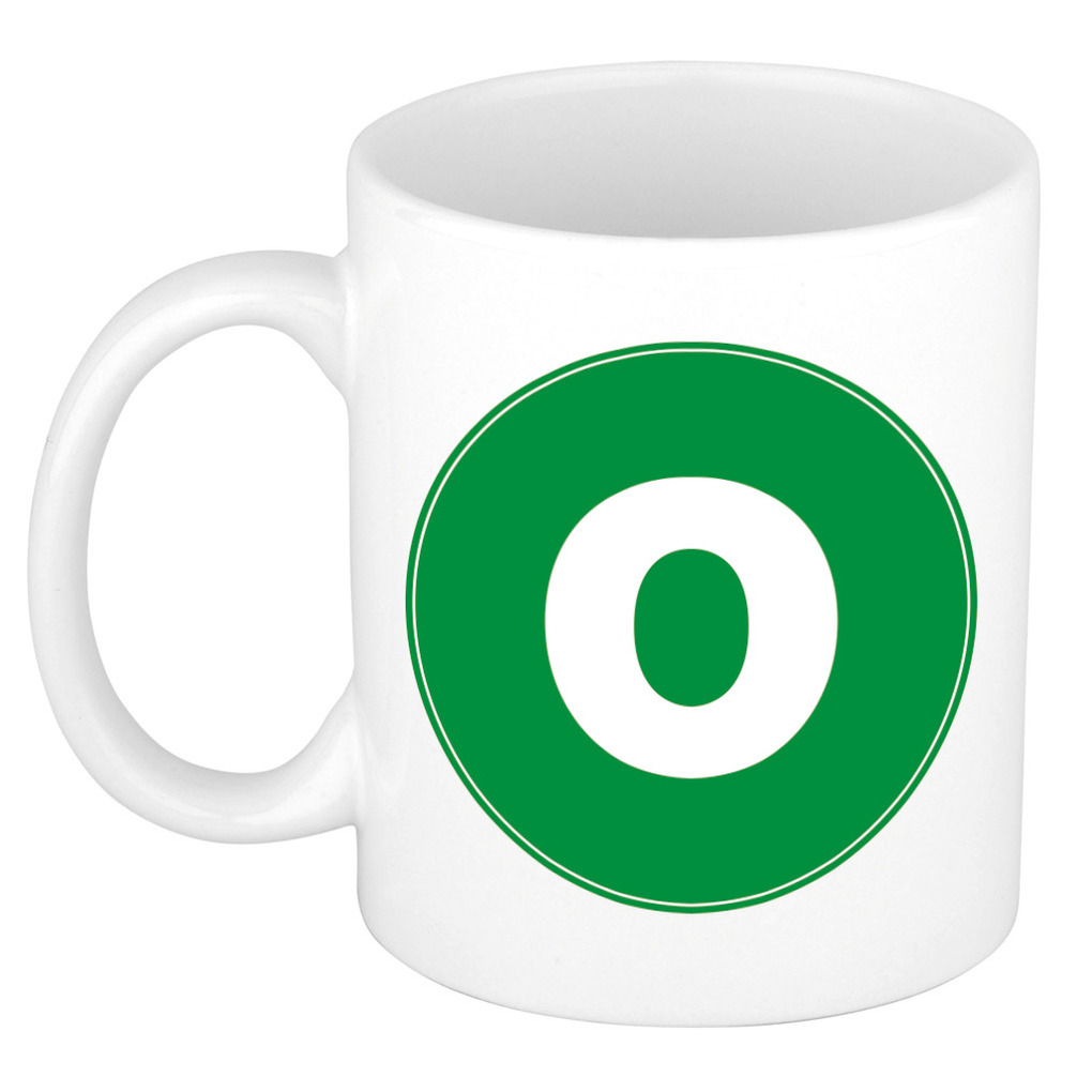 Mok / beker met de letter O groene bedrukking voor het maken van een naam / woord of team -