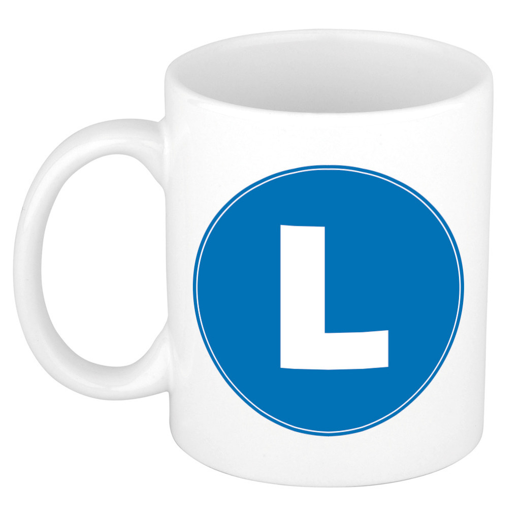 Mok / beker met de letter L blauwe bedrukking voor het maken van een naam / woord of team -