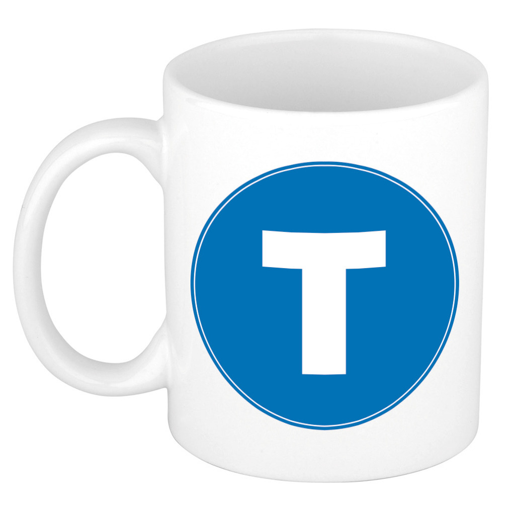 Mok / beker met de letter T blauwe bedrukking voor het maken van een naam / woord of team -