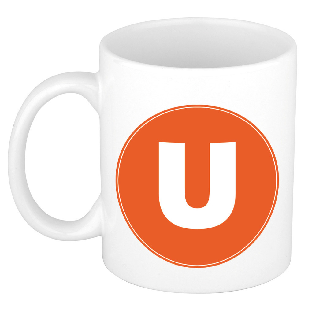 Mok / beker met de letter U oranje bedrukking voor het maken van een naam / woord of team -