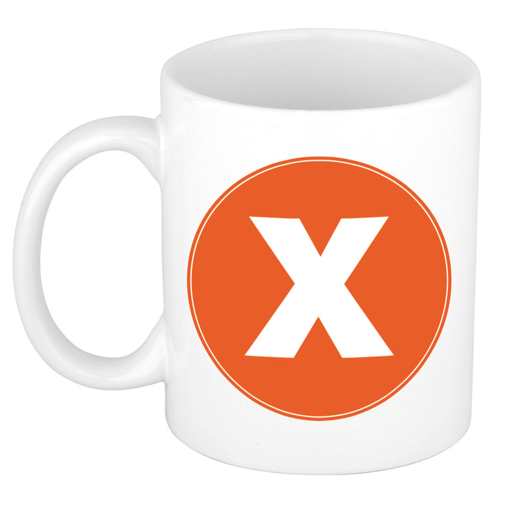 Mok / beker met de letter X oranje bedrukking voor het maken van een naam / woord of team -