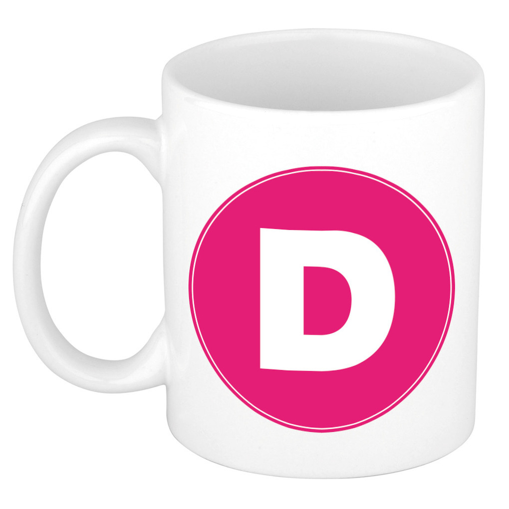 Mok / beker met de letter D roze bedrukking voor het maken van een naam / woord of team -