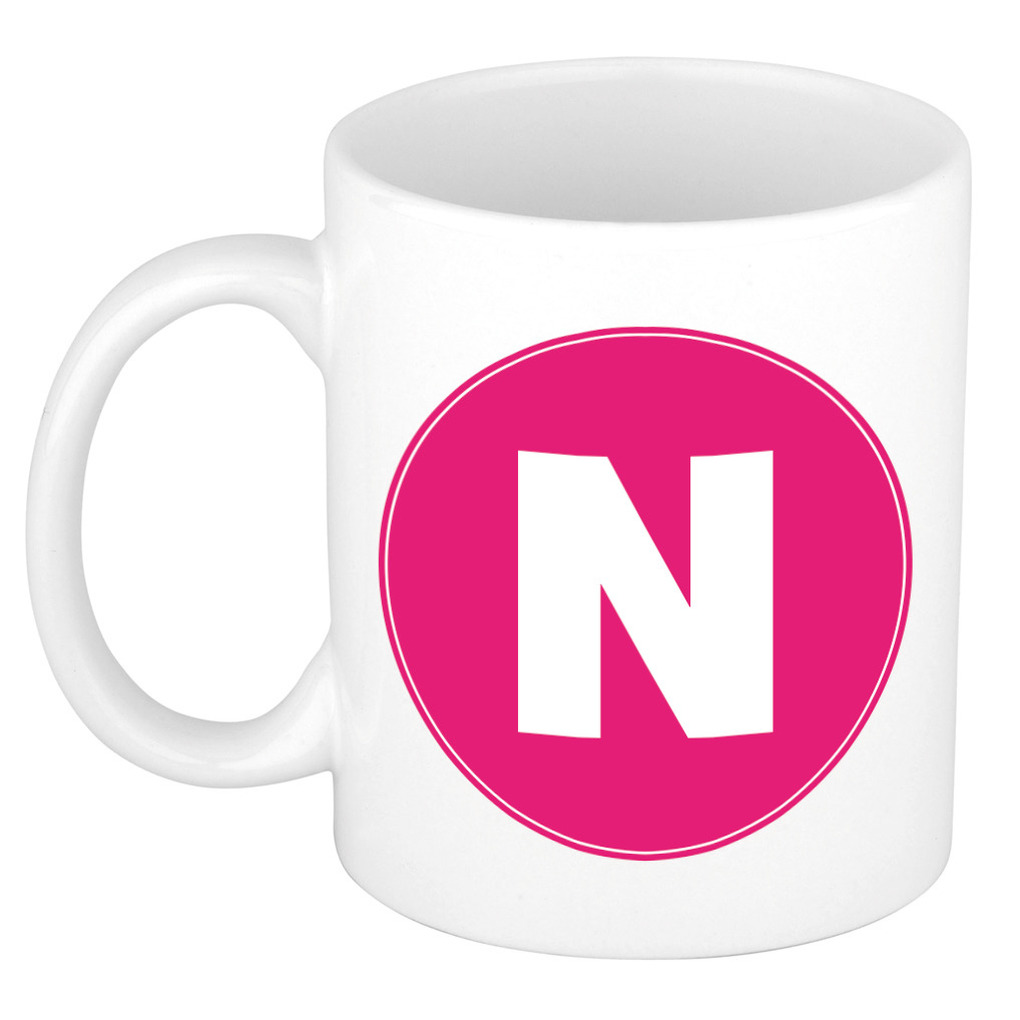 Mok / beker met de letter N roze bedrukking voor het maken van een naam / woord of team -