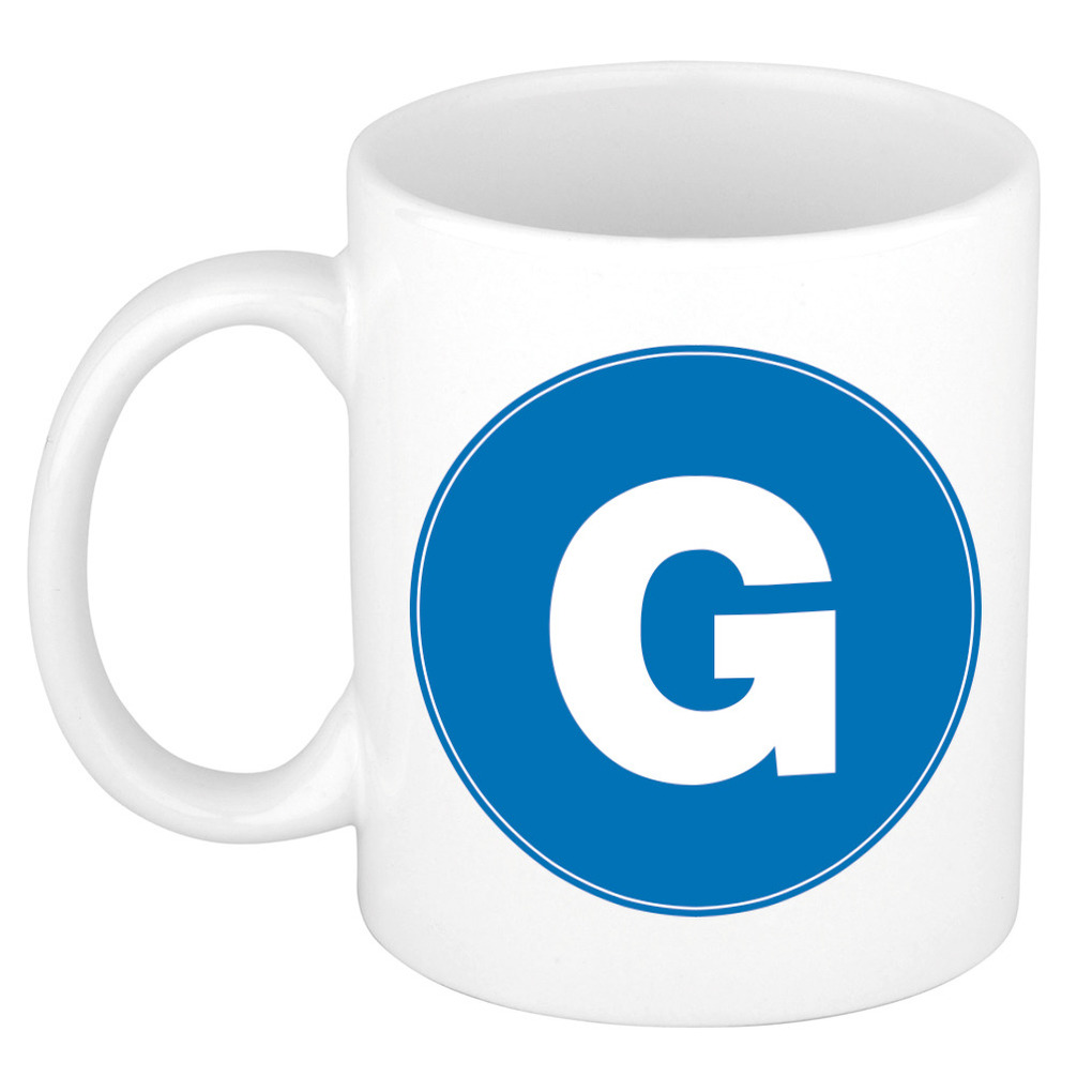 Mok / beker met de letter G blauwe bedrukking voor het maken van een naam / woord of team -