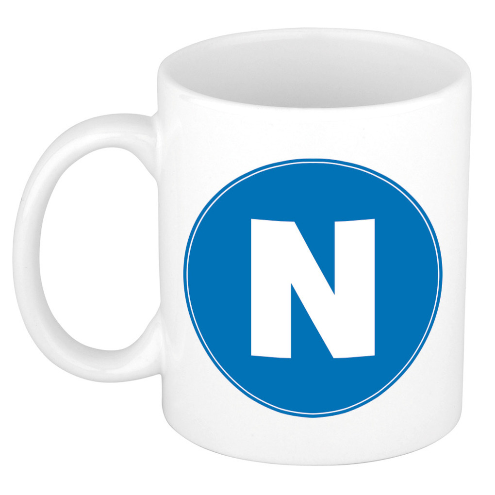 Mok / beker met de letter N blauwe bedrukking voor het maken van een naam / woord of team -