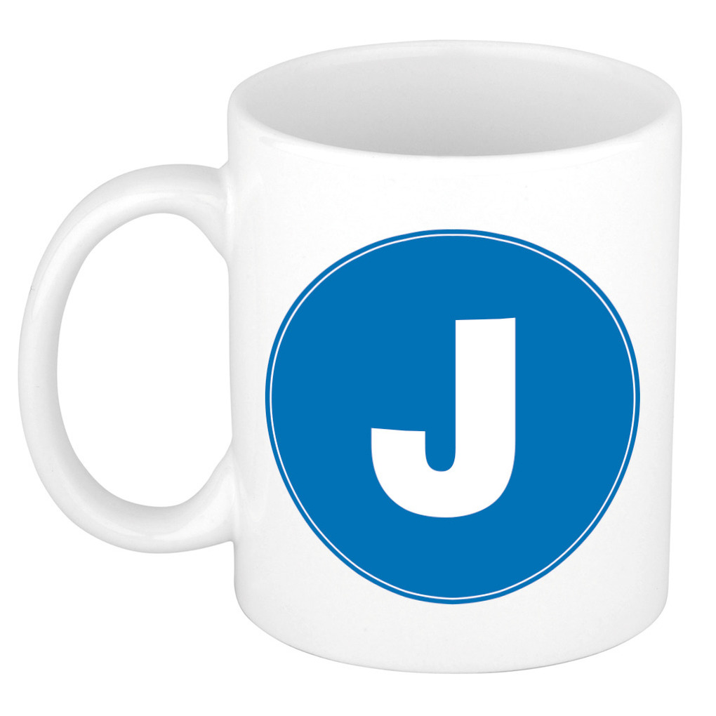 Mok / beker met de letter J blauwe bedrukking voor het maken van een naam / woord of team -