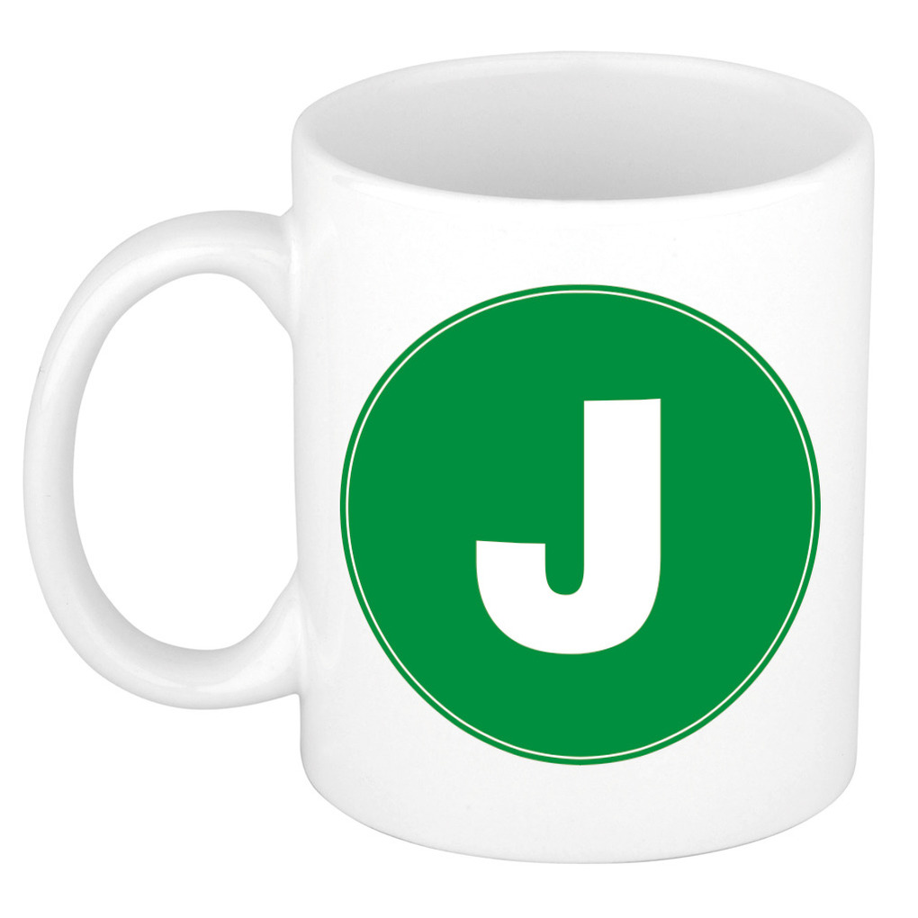Mok / beker met de letter J groene bedrukking voor het maken van een naam / woord of team -