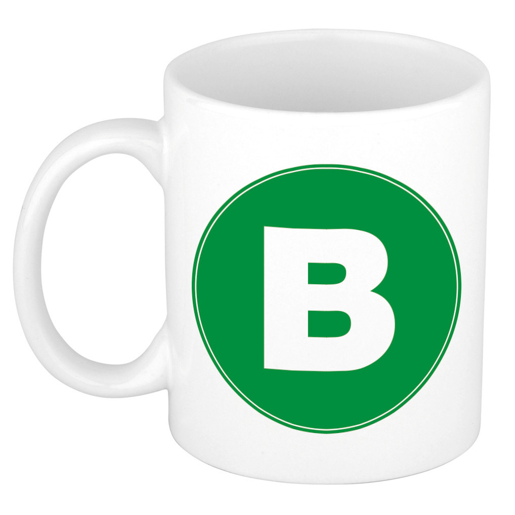 Mok / beker met de letter B groene bedrukking voor het maken van een naam / woord of team -