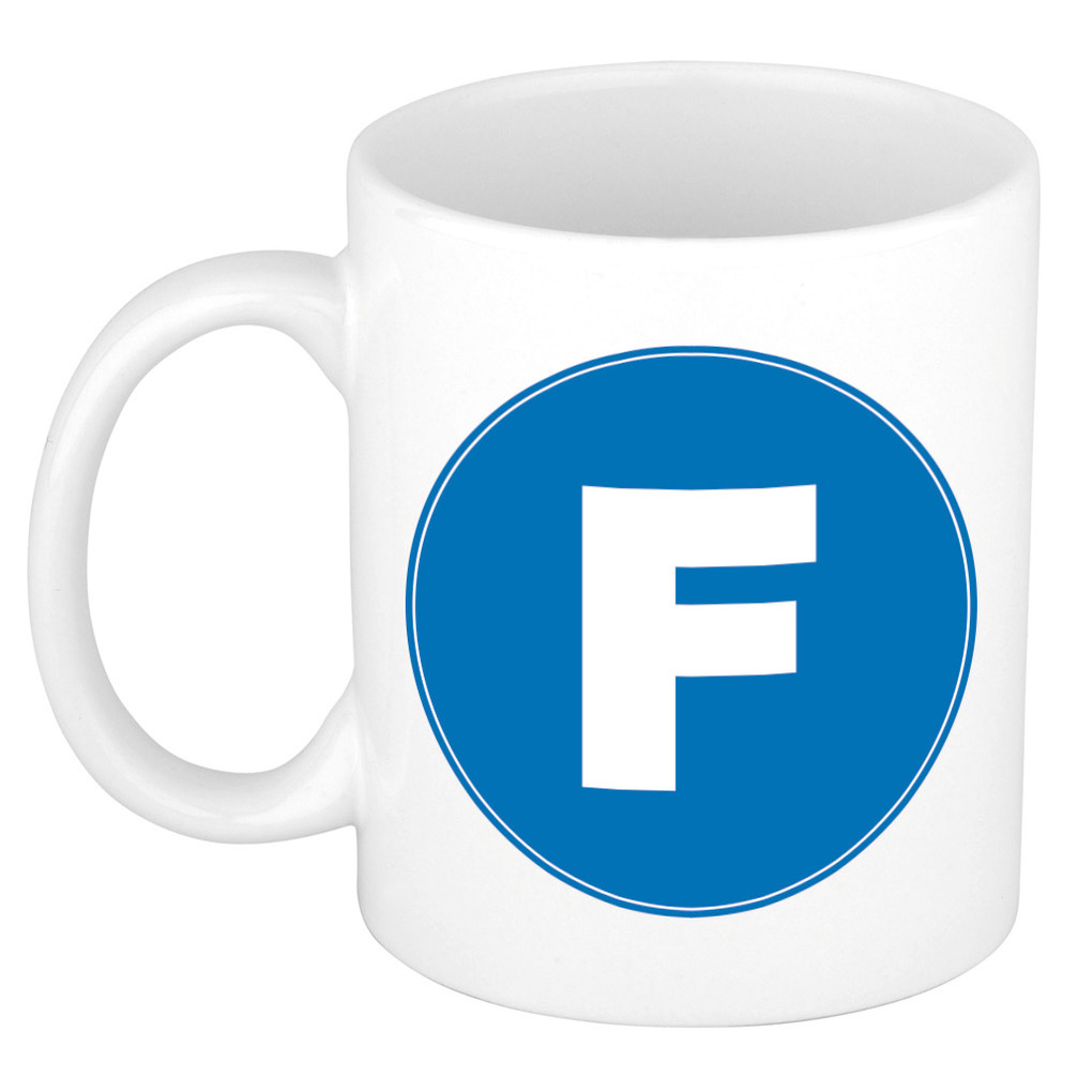 Mok / beker met de letter F blauwe bedrukking voor het maken van een naam / woord of team -