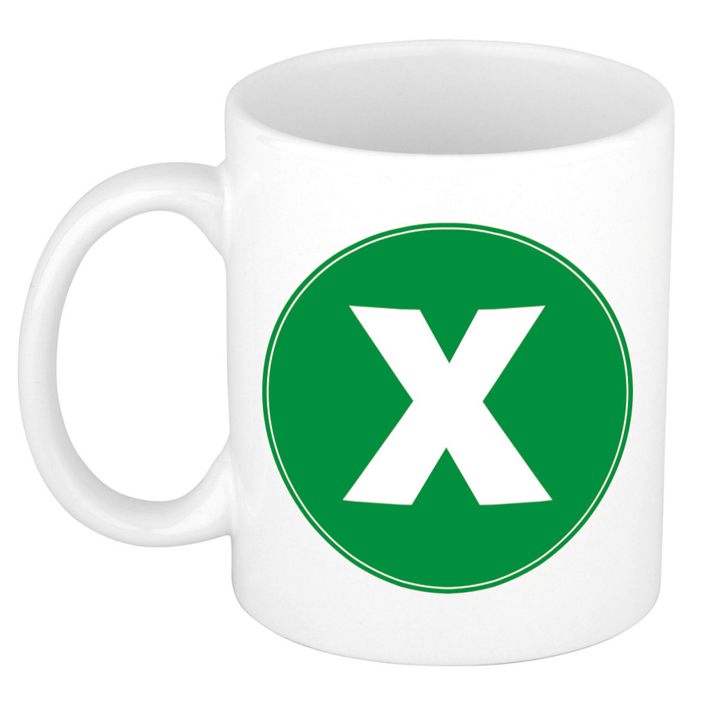 Mok / beker met de letter X groene bedrukking voor het maken van een naam / woord of team -