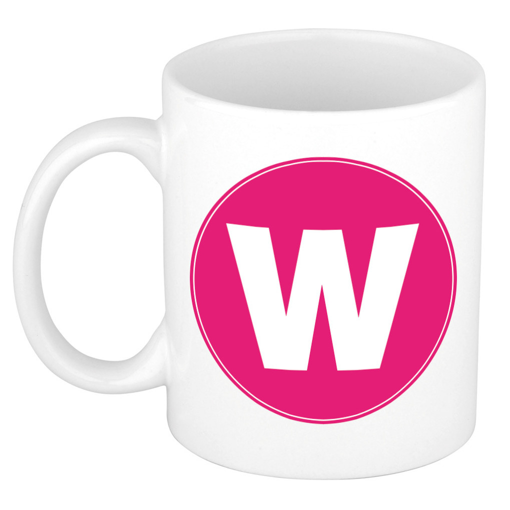 Mok / beker met de letter W roze bedrukking voor het maken van een naam / woord of team -