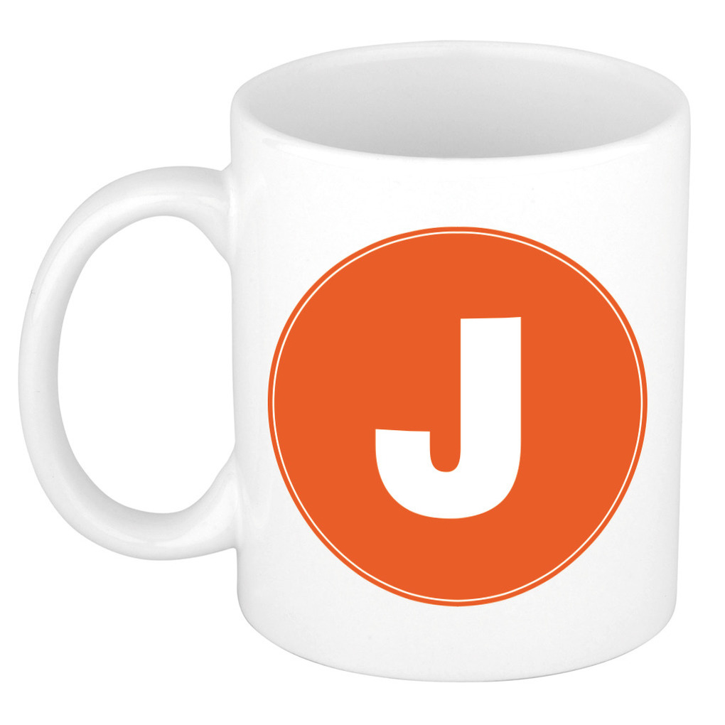 Mok / beker met de letter J oranje bedrukking voor het maken van een naam / woord of team -