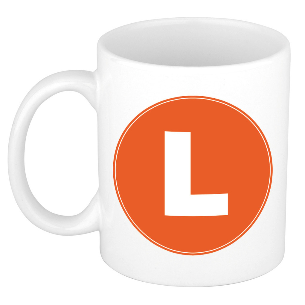 Mok / beker met de letter L oranje bedrukking voor het maken van een naam / woord of team -