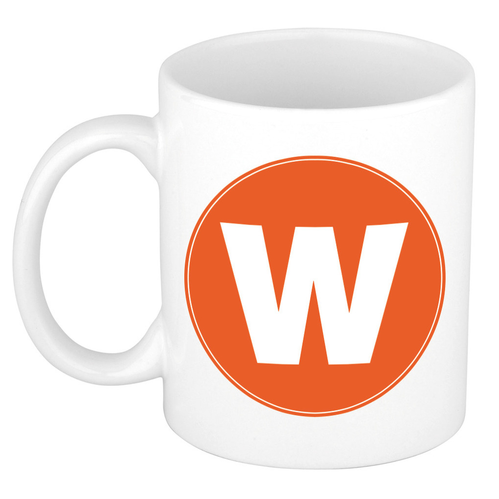 Mok / beker met de letter W oranje bedrukking voor het maken van een naam / woord of team -