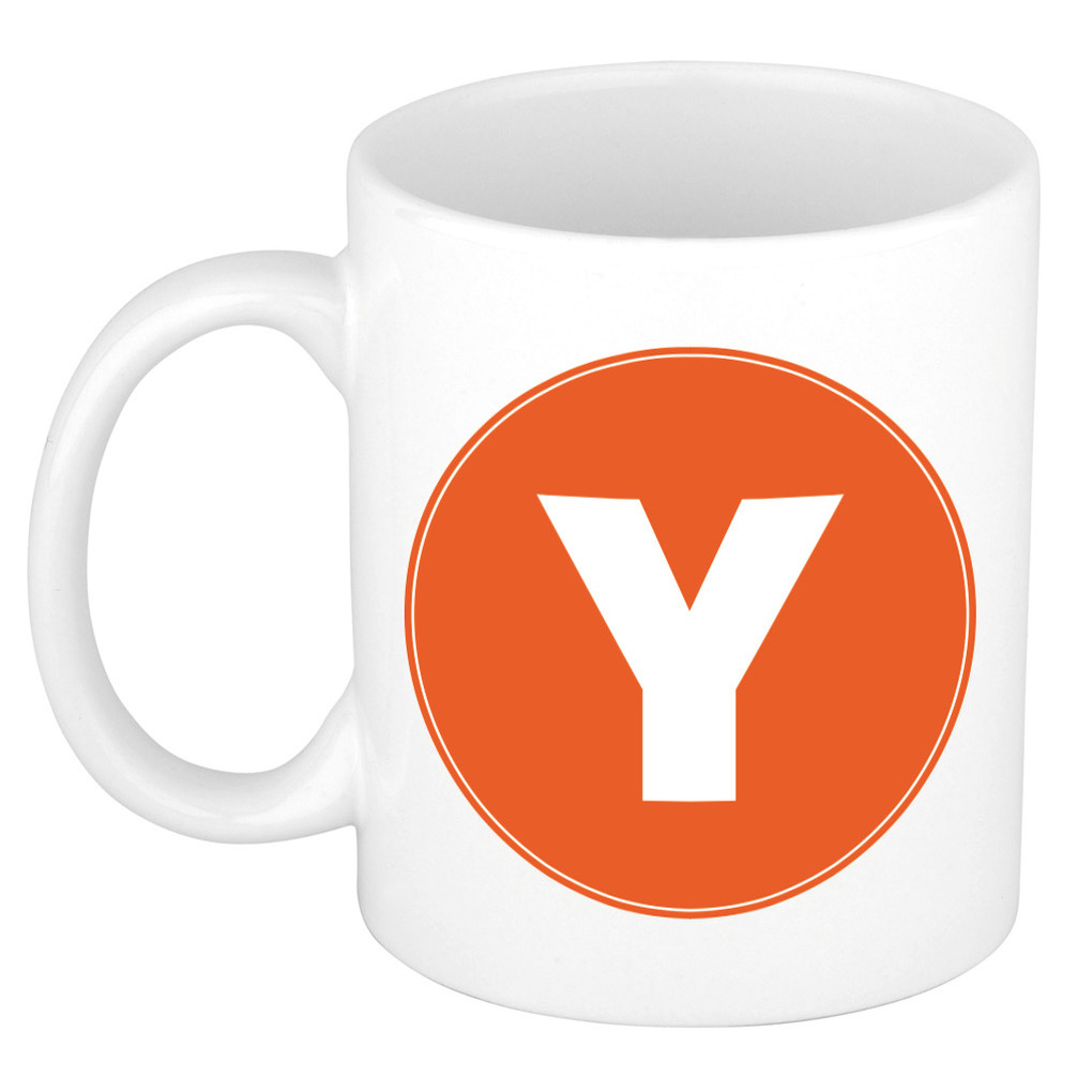 Mok / beker met de letter Y oranje bedrukking voor het maken van een naam / woord of team -