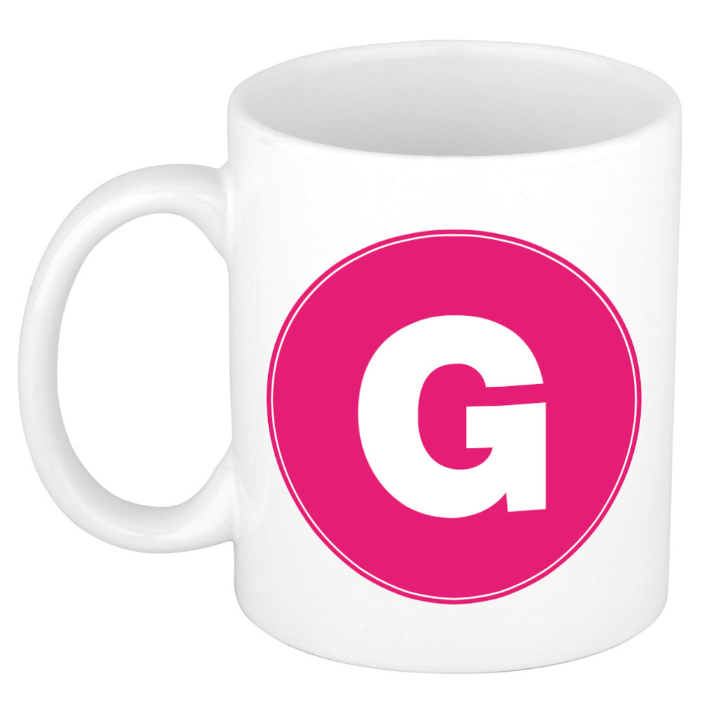 Mok / beker met de letter G roze bedrukking voor het maken van een naam / woord of team -