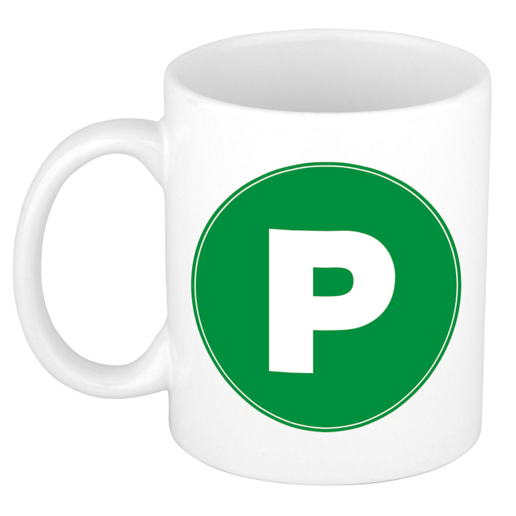 Mok / beker met de letter P groene bedrukking voor het maken van een naam / woord of team -