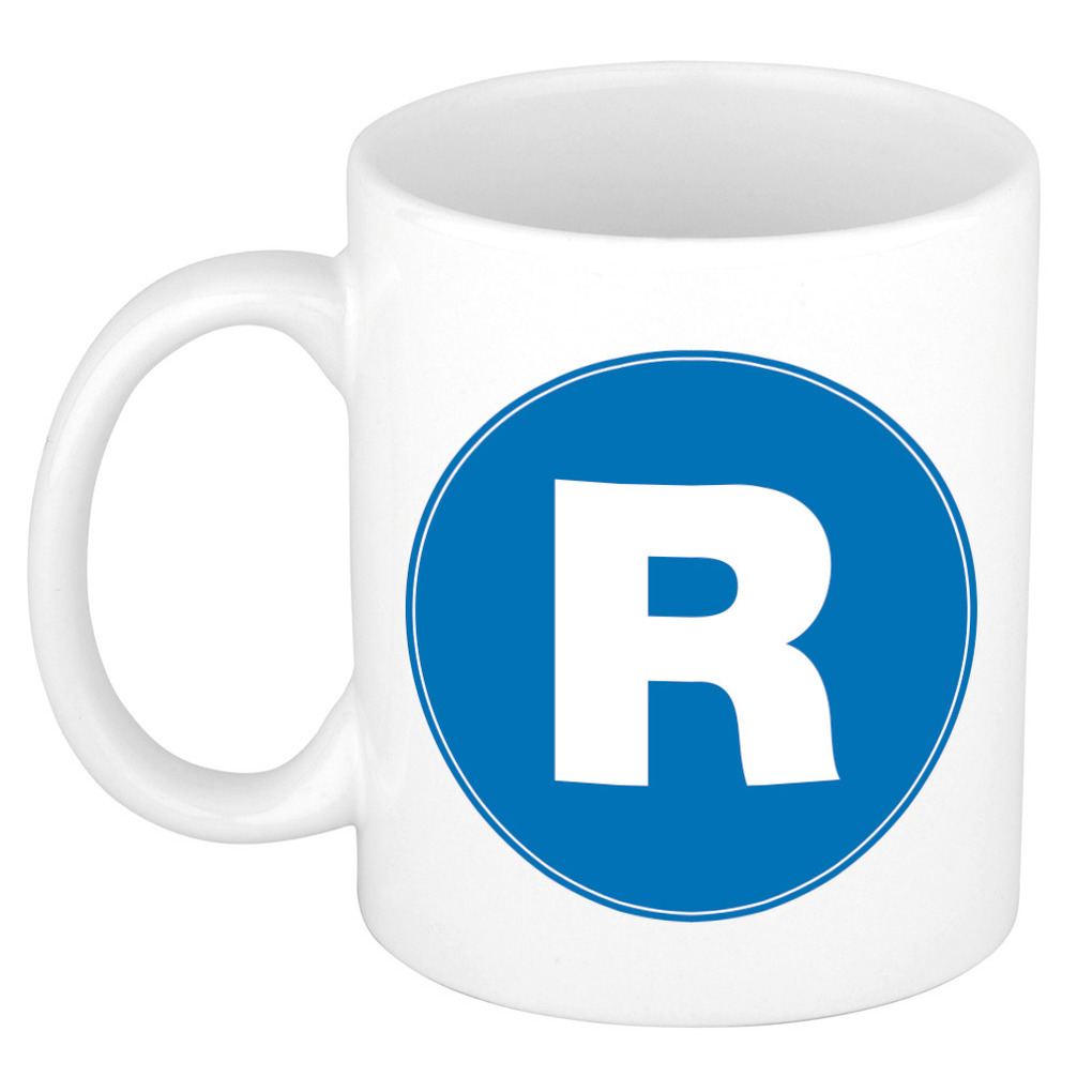 Mok / beker met de letter R blauwe bedrukking voor het maken van een naam / woord of team -