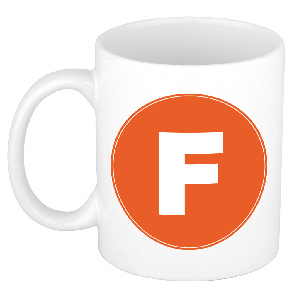 Mok / beker met de letter F oranje bedrukking voor het maken van een naam / woord of team -