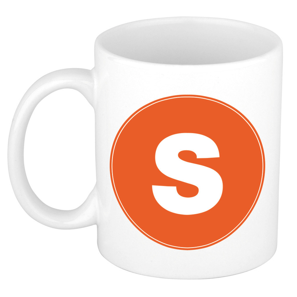 Mok / beker met de letter S oranje bedrukking voor het maken van een naam / woord of team -