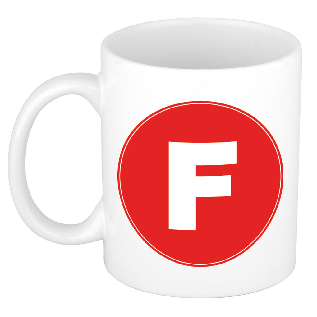Mok / beker met de letter F rode bedrukking voor het maken van een naam / woord of team -