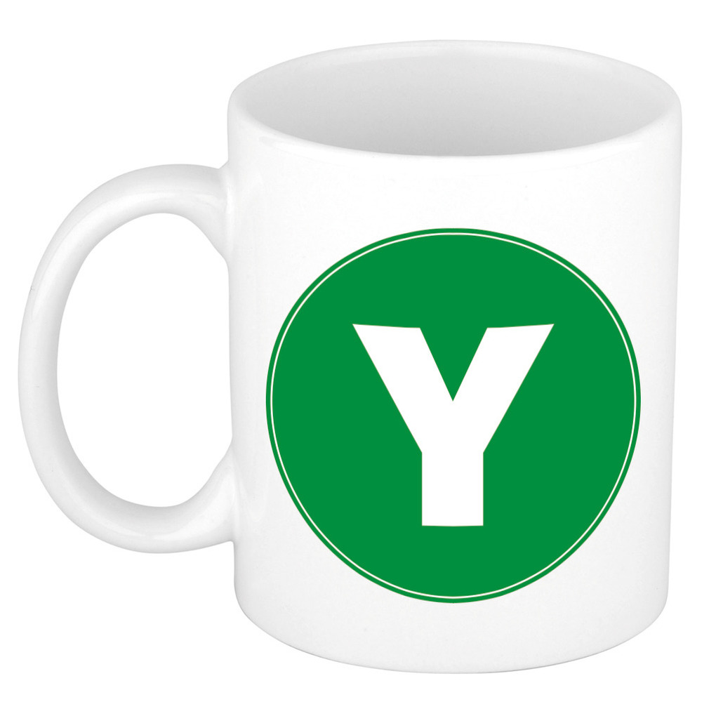 Mok / beker met de letter Y groene bedrukking voor het maken van een naam / woord of team -