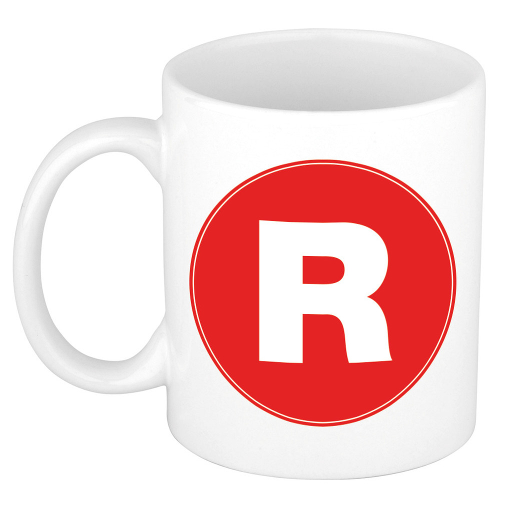 Mok / beker met de letter R rode bedrukking voor het maken van een naam / woord of team -