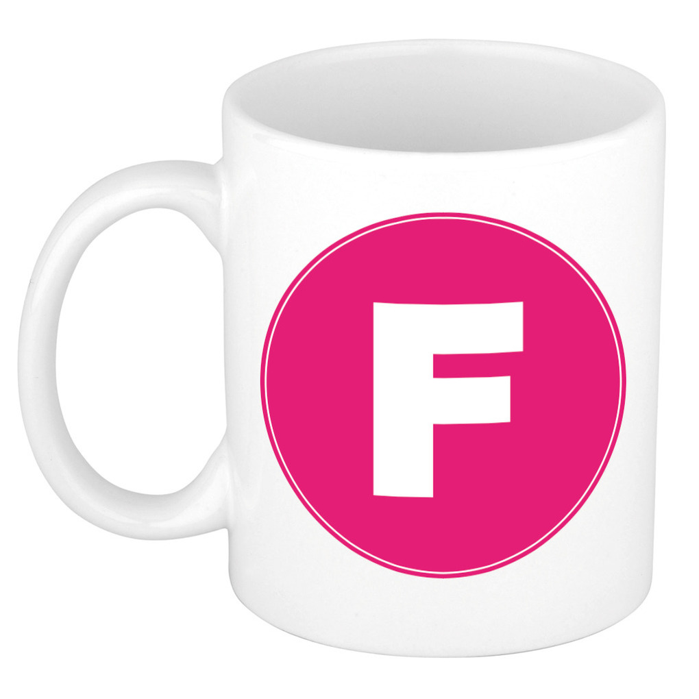 Mok / beker met de letter F roze bedrukking voor het maken van een naam / woord of team -