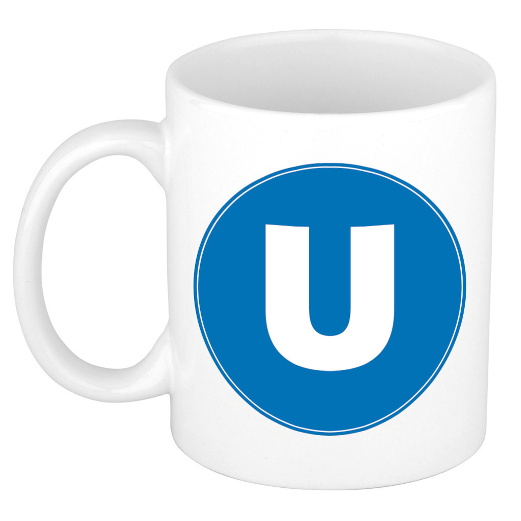 Mok / beker met de letter U blauwe bedrukking voor het maken van een naam / woord of team -