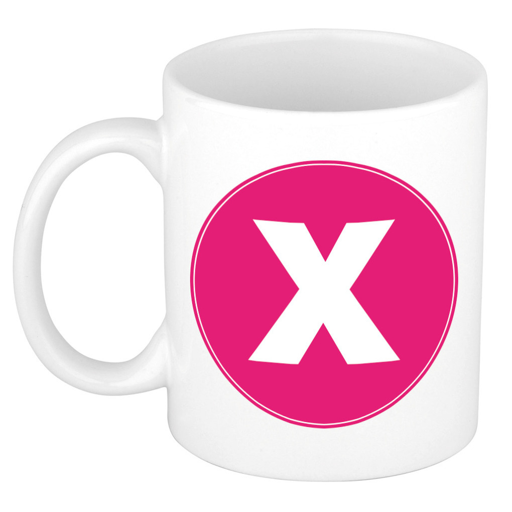 Mok / beker met de letter X roze bedrukking voor het maken van een naam / woord of team -