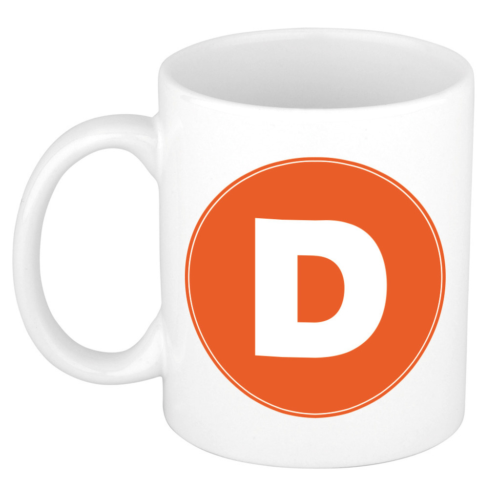 Mok / beker met de letter D oranje bedrukking voor het maken van een naam / woord of team -