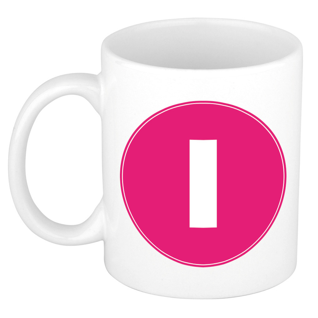 Mok / beker met de letter I roze bedrukking voor het maken van een naam / woord of team -