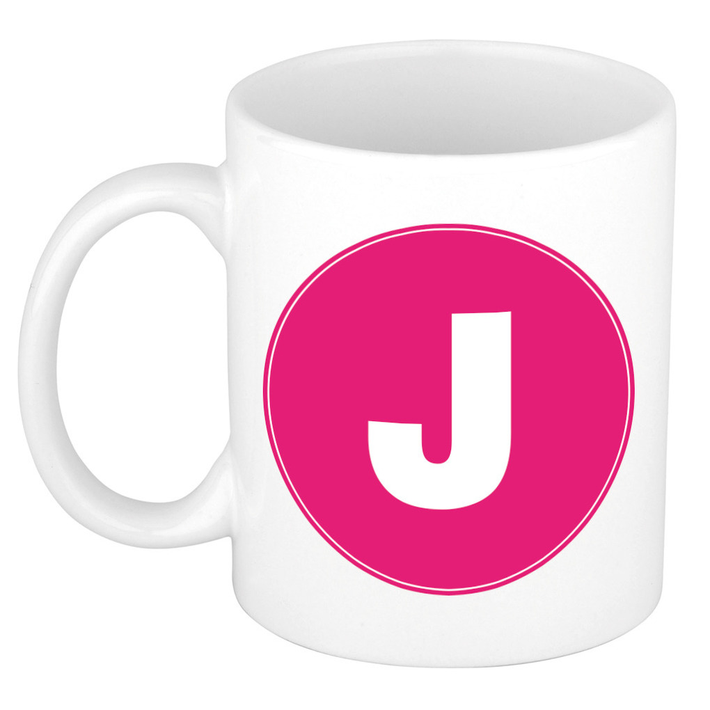 Mok / beker met de letter J roze bedrukking voor het maken van een naam / woord of team -