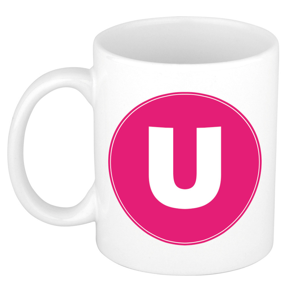 Mok / beker met de letter U roze bedrukking voor het maken van een naam / woord of team -