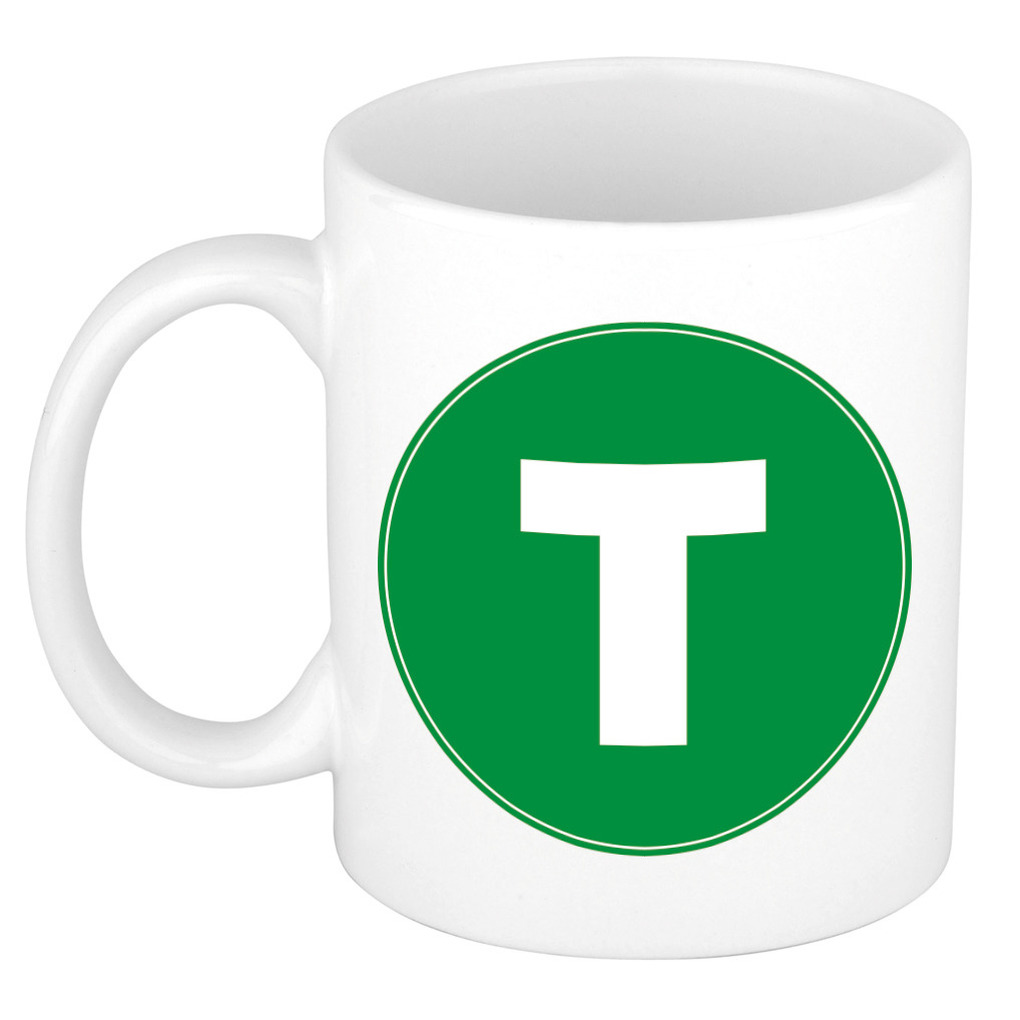 Mok / beker met de letter T groene bedrukking voor het maken van een naam / woord of team -