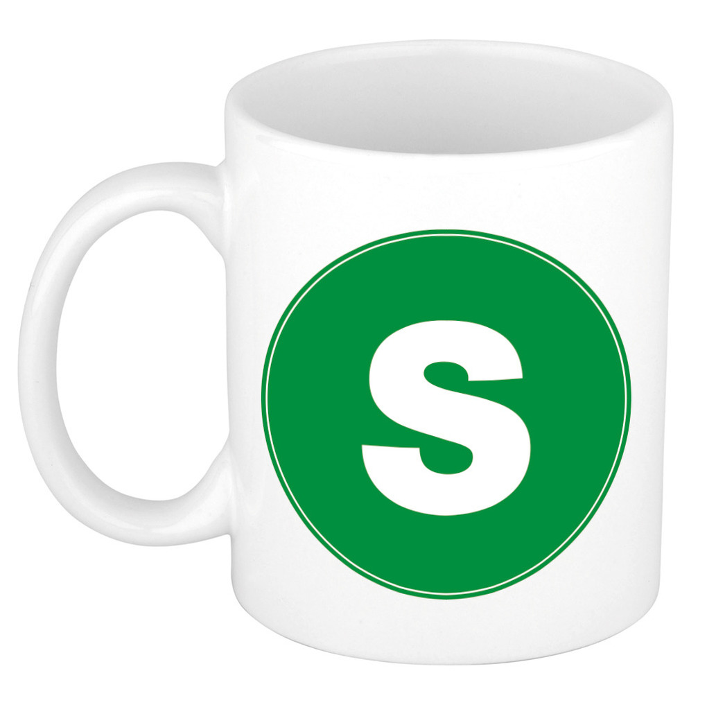 Mok / beker met de letter S groene bedrukking voor het maken van een naam / woord of team -