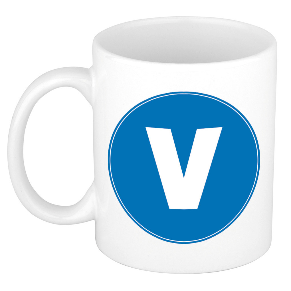 Mok / beker met de letter V blauwe bedrukking voor het maken van een naam / woord of team -