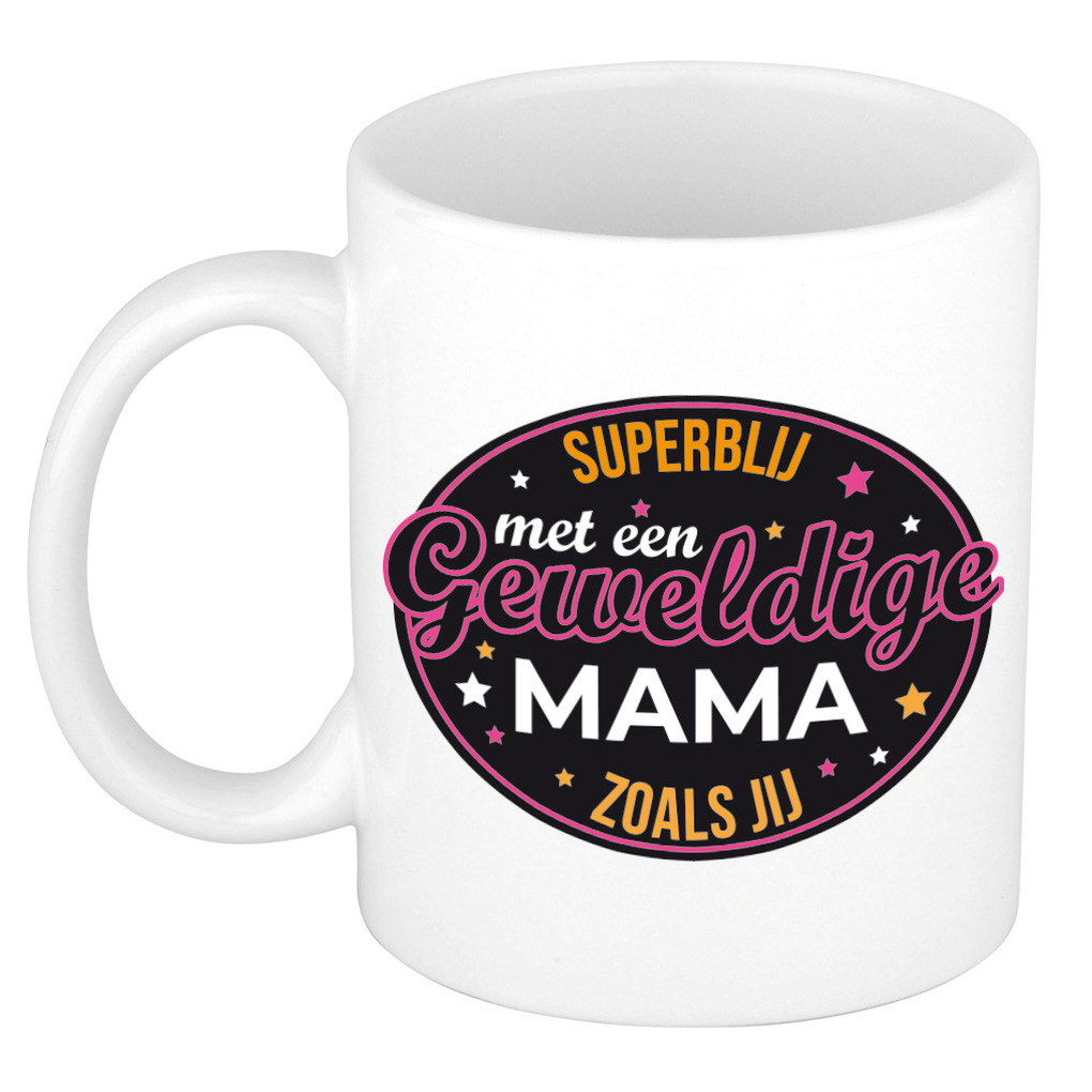 Superblij met mama kado mok / beker wit voor Moederdag / verjaardag -