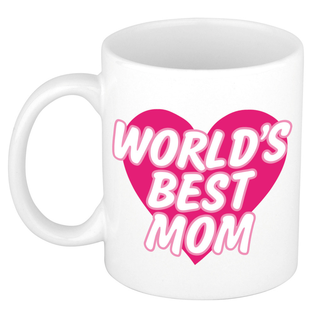 Worlds best mom kado mok / beker wit met roze hart - Moederdag / verjaardag -