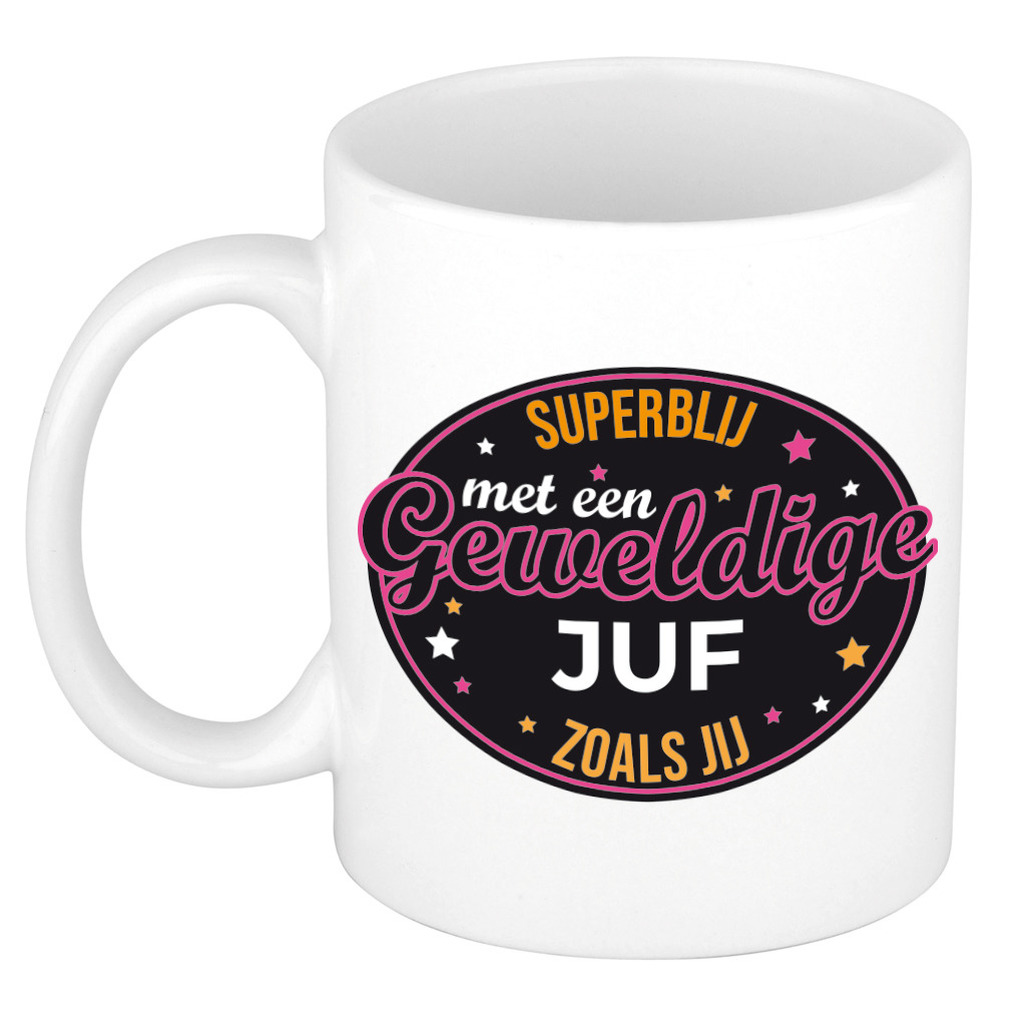 Superblij met juf kado mok / beker wit - bedankt / verjaardag cadeau -