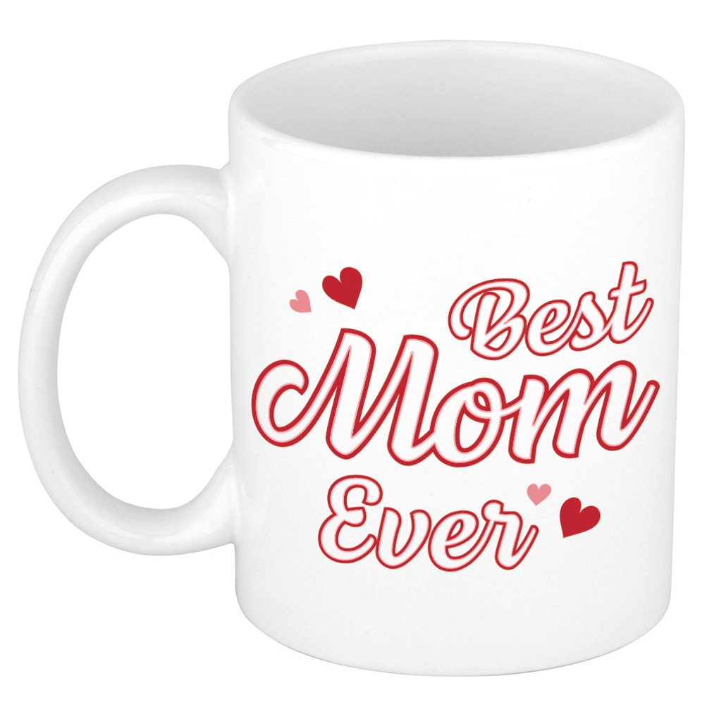 Best mom ever cadeau mok / beker wit met contour letters en rode hartjes -