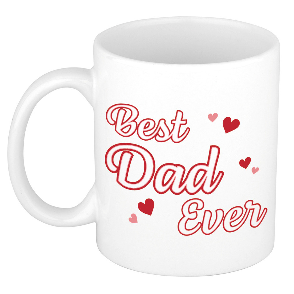 Best dad ever vaderdag cadeau mok / beker wit met contour letters en rode hartjes -